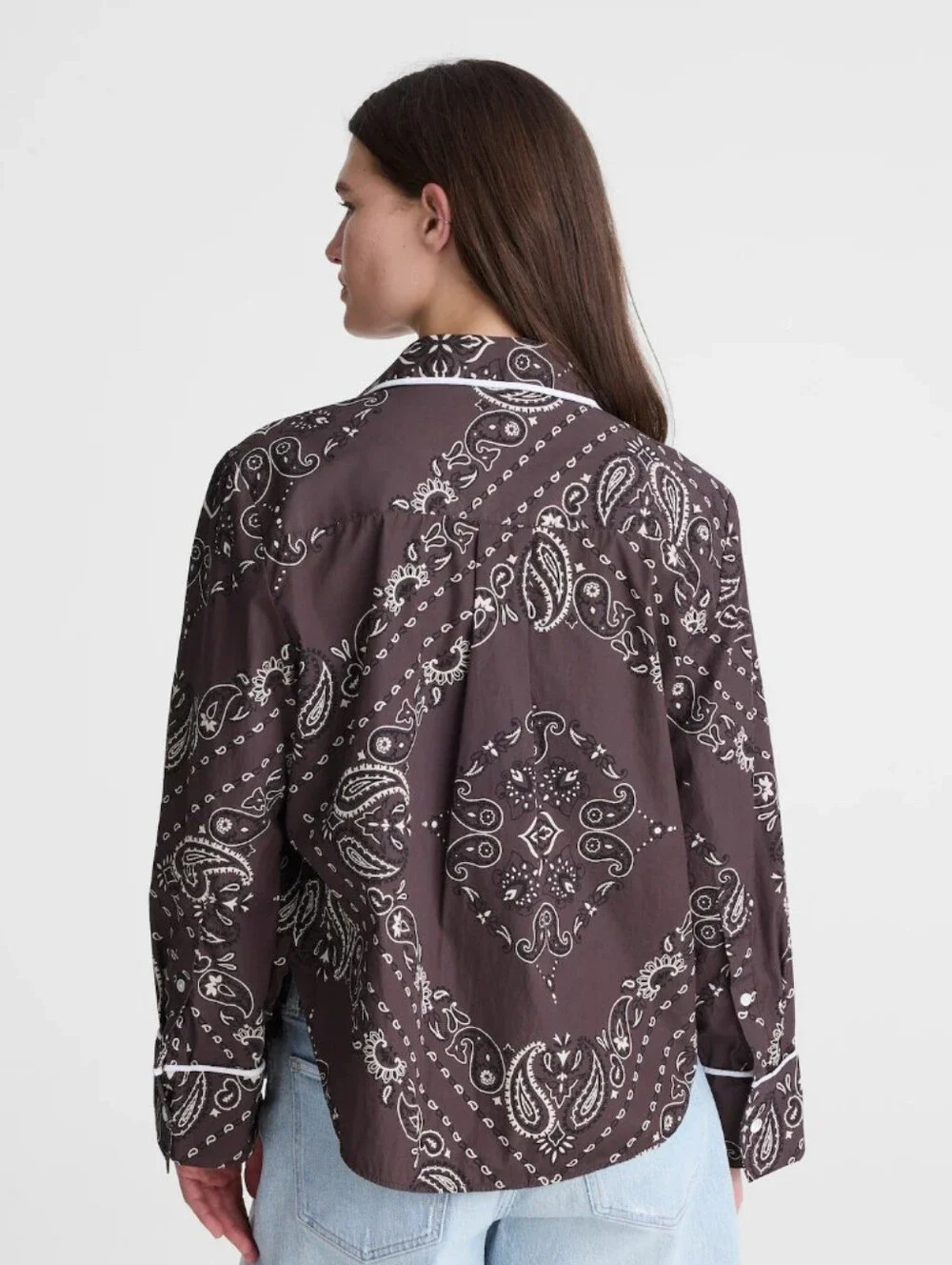 Madewell The Signature Y-Neck Shirt in Poplin NZ678 Size S Brown And White